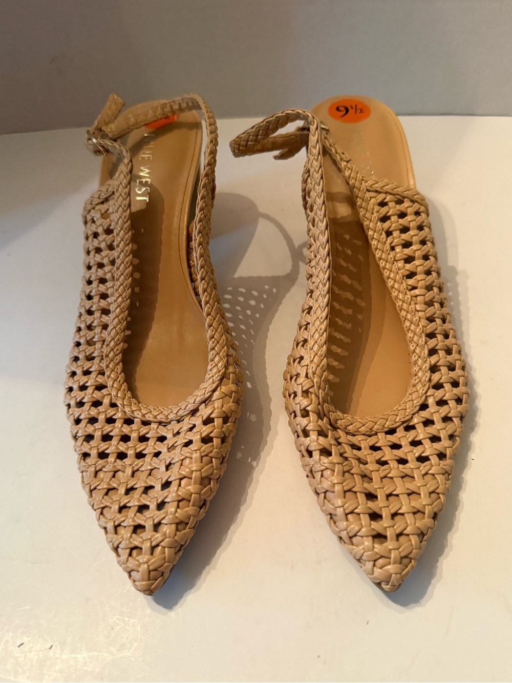 Nine West Kelma 2 Woven Pointed-Toe Slingback Beige Block Heels Womenโs 9.5